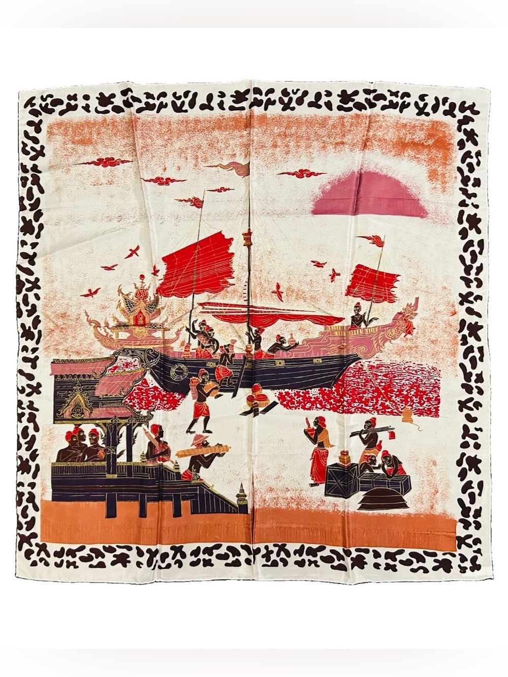 100% Thai Folk Art Hand-Stitched Silk Scarf - Boat Rural Work Landscape & People
